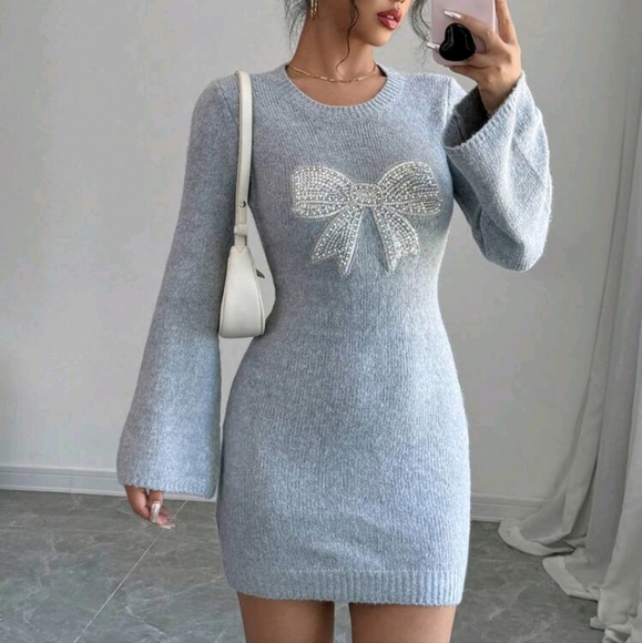 Bow Collar Elegant Long Sleeve Sweater Dress